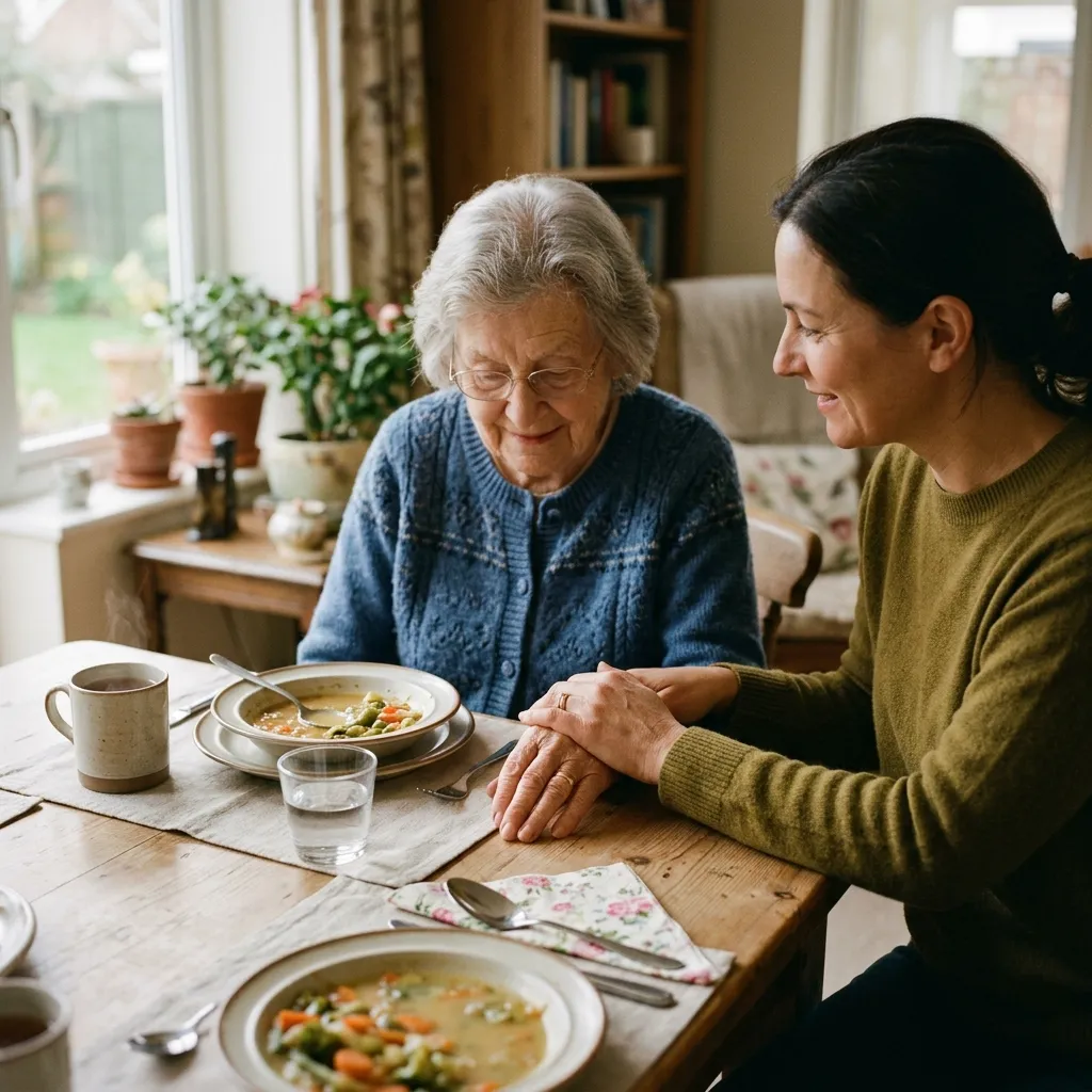 A compassionate caregiver holding hands with an elderly woman sitting at a dining table with bowls of soup.
