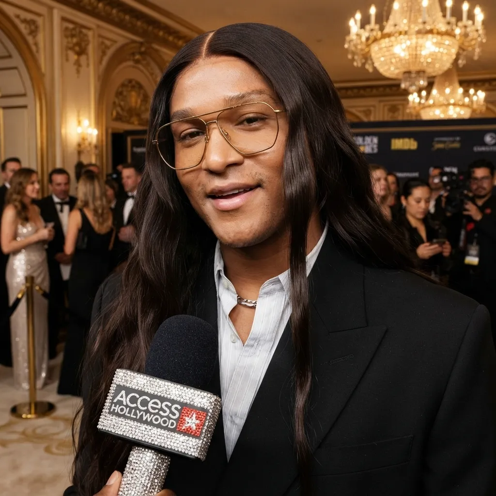 A close-up portrait of a celebrity with long dark hair and gold-rimmed glasses being interviewed on a red carpet with an Access Hollywood microphone.