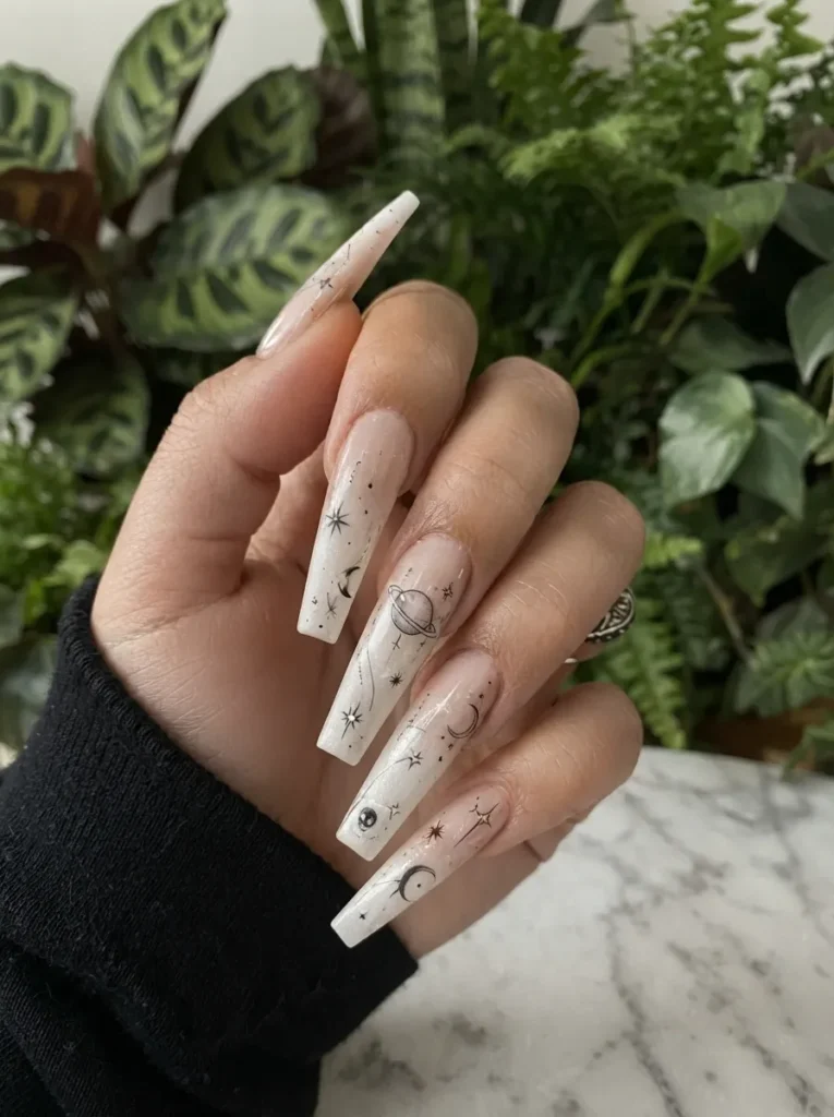 Long coffin nails with a milky white base decorated with delicate black celestial line art, including planets, stars, and crescent moons.
