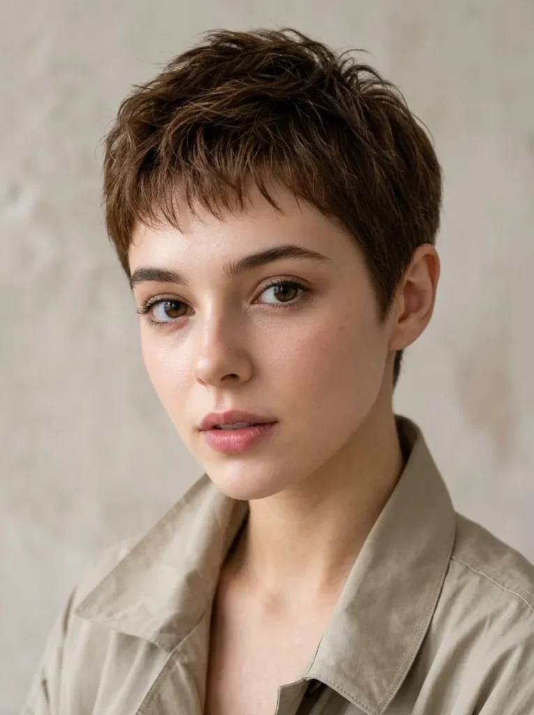 Front-facing portrait of a woman with a natural chestnut brown short pixie cut and soft fringe wearing a light tan jacket.
