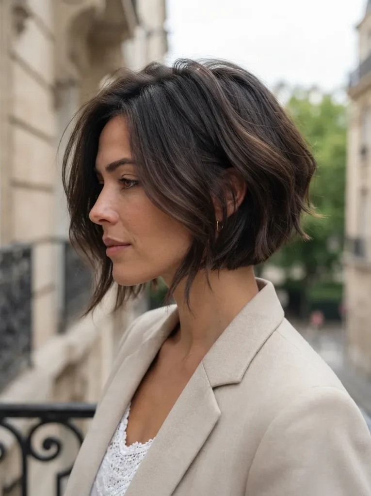 Side profile of a woman with a chic brunette angled bob hairstyle, wearing a beige blazer and white lace top against a city street background.