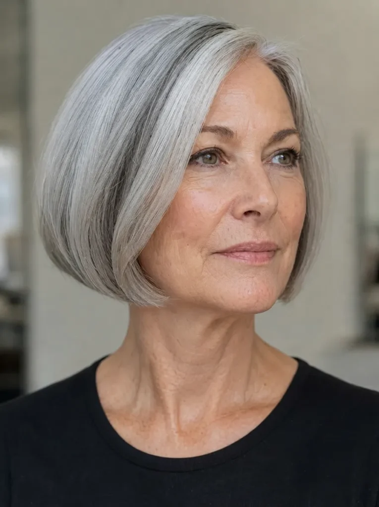 A close-up portrait of a mature woman with a polished silver rounded bob haircut and a neutral expression, wearing a black top.