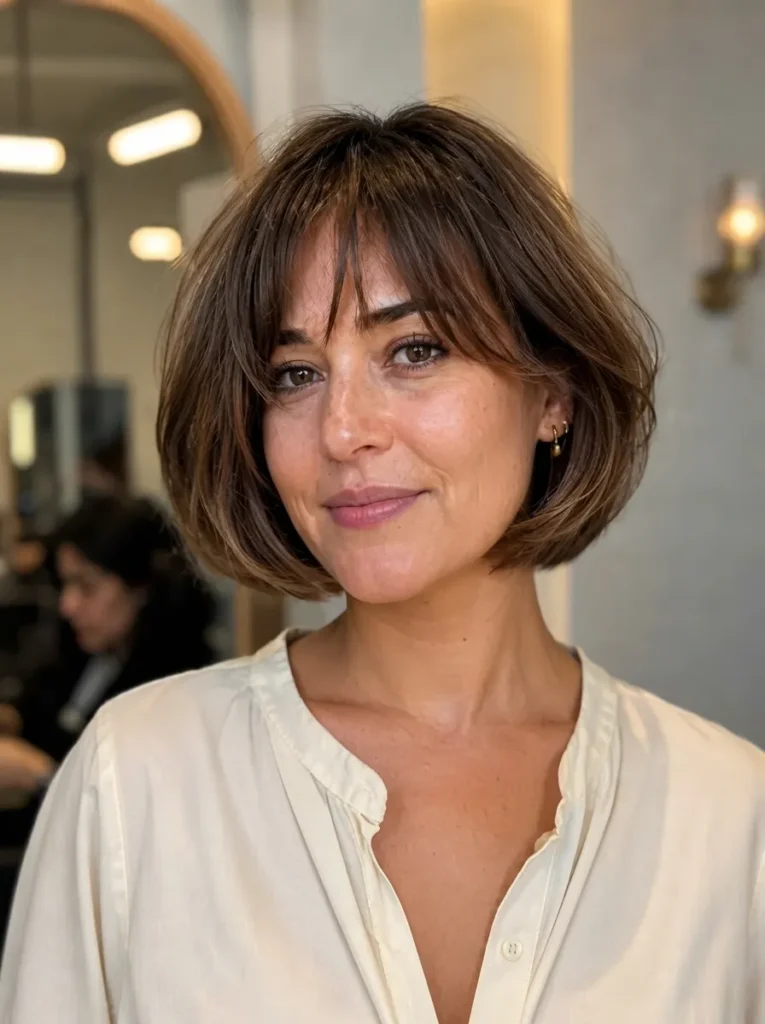 Woman with a chocolate brown French bob and soft bangs wearing a cream blouse.