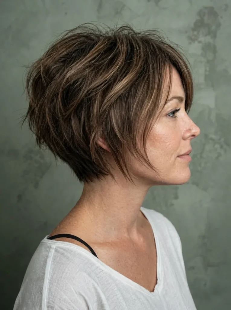 Side profile of a woman with a choppy, textured brown bob featuring subtle highlights and face-framing layers against a green textured wall.