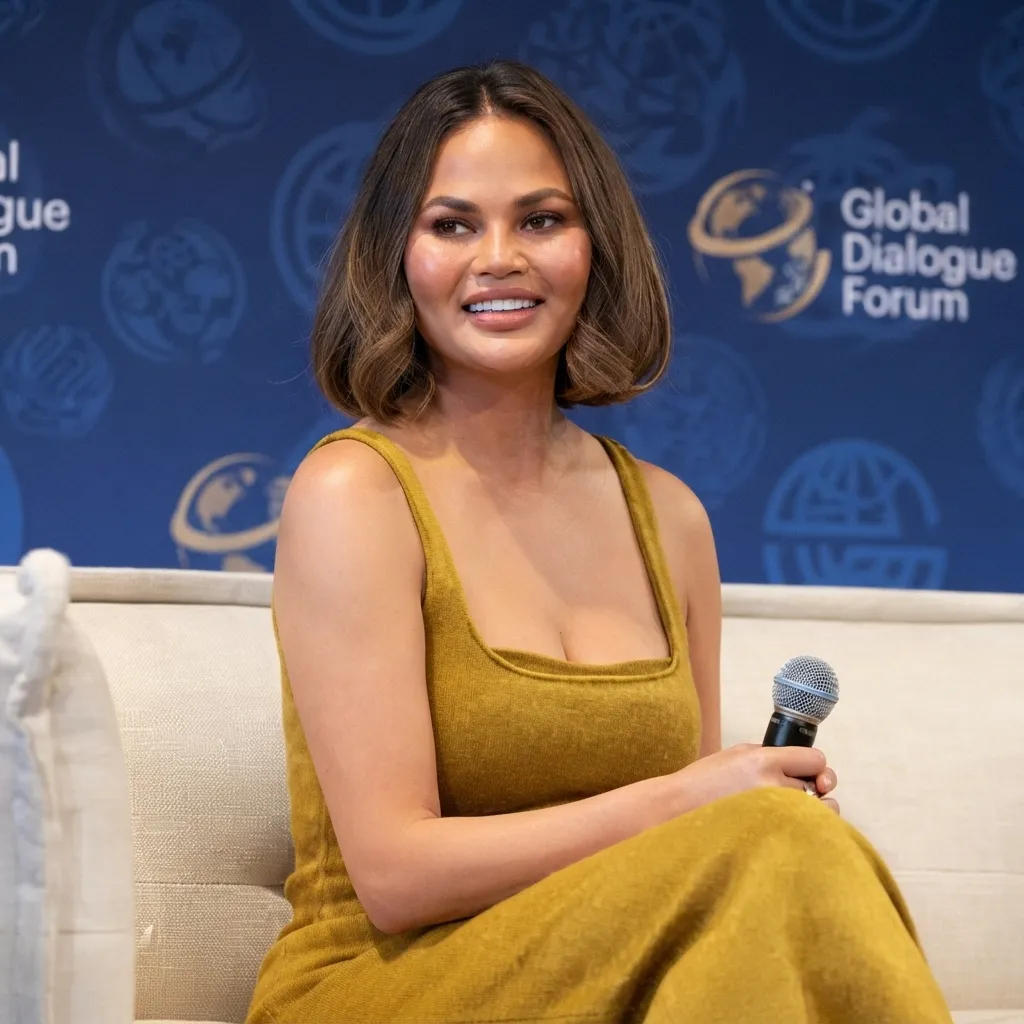 Chrissy Teigen sitting on a white sofa in a mustard-yellow dress, holding a microphone in front of a blue "Global Dialogue Forum" backdrop.