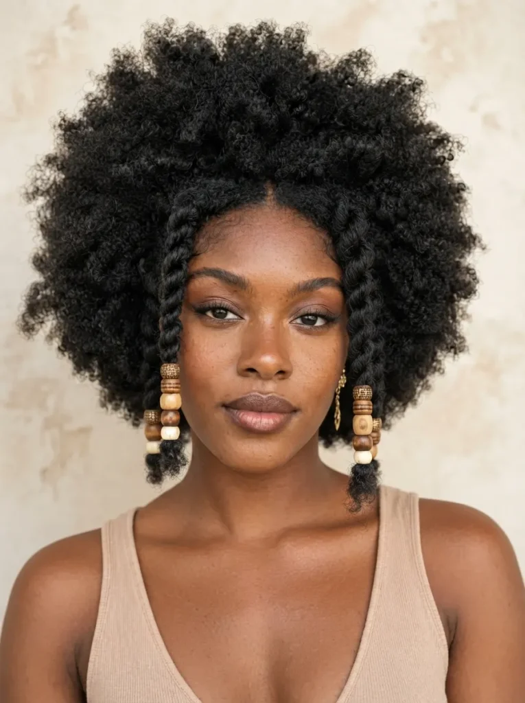 A Black woman with a natural afro featuring chunky front twists decorated with wooden and ceramic beads, wearing a neutral beige top.