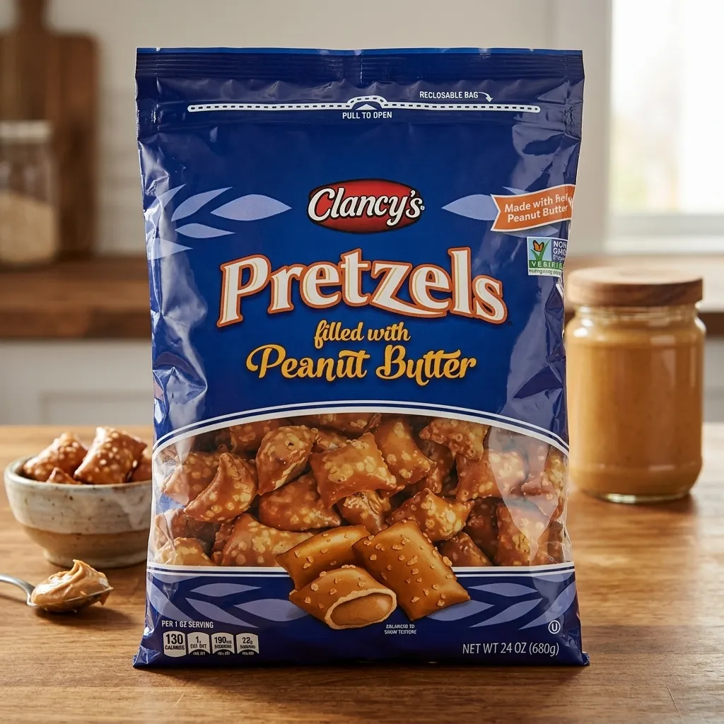 Clancy's Pretzels filled with Peanut Butter blue bag containing bite-sized pretzel nuggets with a creamy peanut butter center.