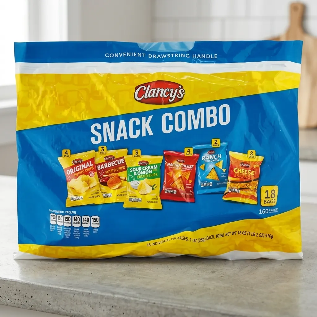 Clancy's Snack Combo variety bag featuring 18 individual packages including potato chips, puffs, nacho cheese, barbecue, and sour cream & onion flavors.