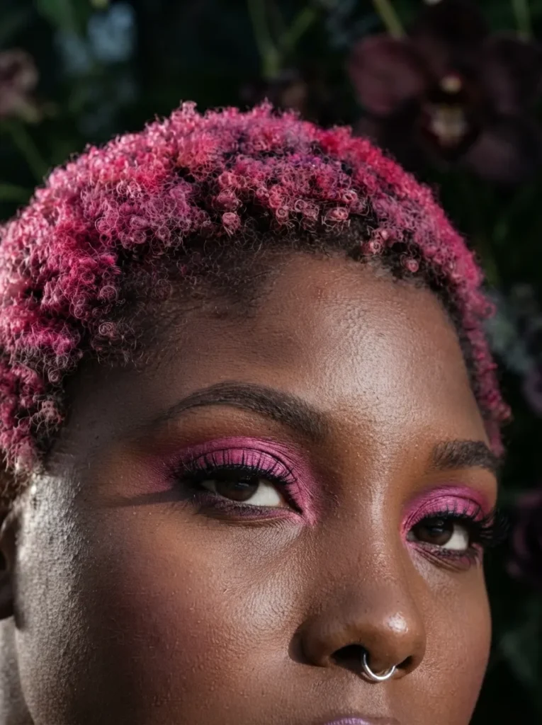 Extreme close-up of a person with short pink textured hair, matching pink eyeshadow, and a nose ring