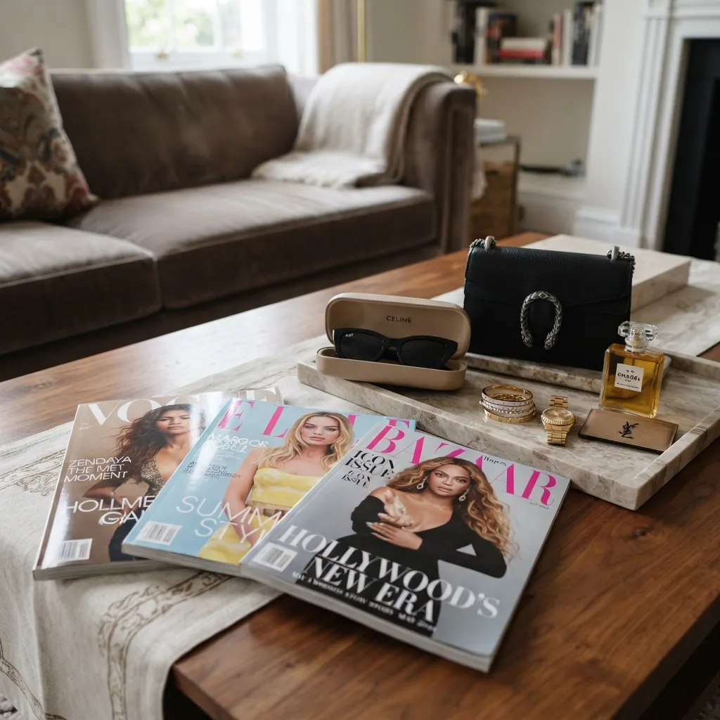 Coffee table styling featuring fashion magazines like Vogue and Harper's Bazaar, a marble tray with a black designer handbag, sunglasses, a perfume bottle, and gold accessories, set in a modern living room.