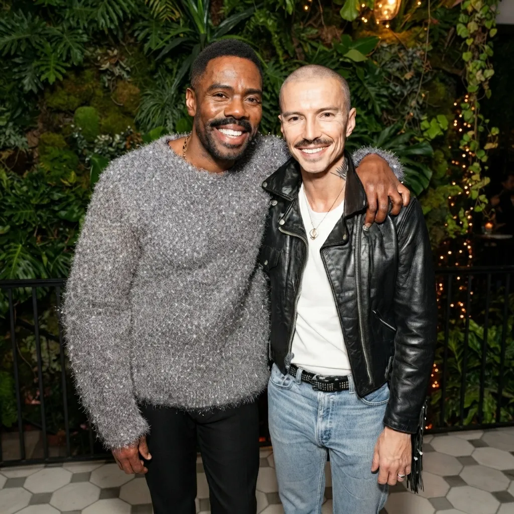 Colman Domingo in a textured gray sweater and black pants with his arm around a smiling man in a leather jacket and jeans, standing in front of a green leafy wall.