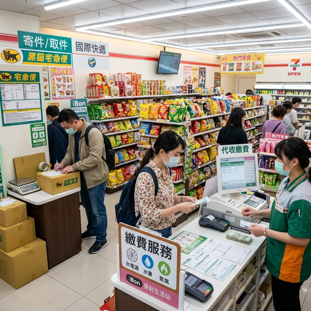 Customers and clerks wearing face masks at a busy convenience store counter in Taiwan handling bill payments and package shipments.