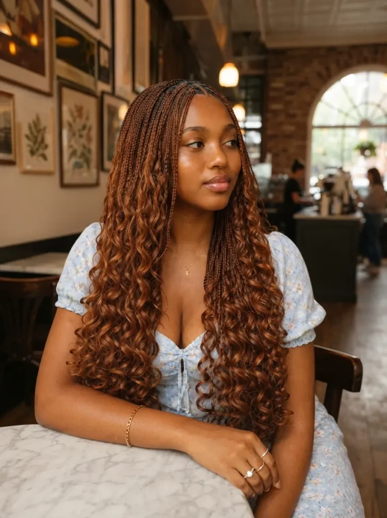 A woman seated at a marble table inside a cafe, wearing a blue floral dress and long, flowing copper-brown boho box braids.