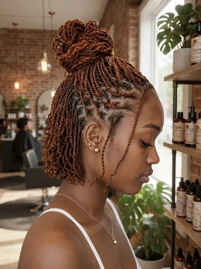 Profile view of a woman with short copper-brown mini twists, featuring a half-up high top bun and detailed scalp parting in a salon setting