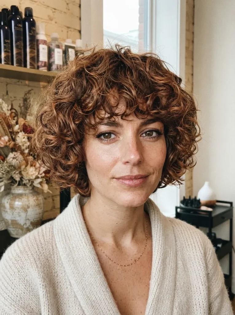 Copper curly messy bob with bangs