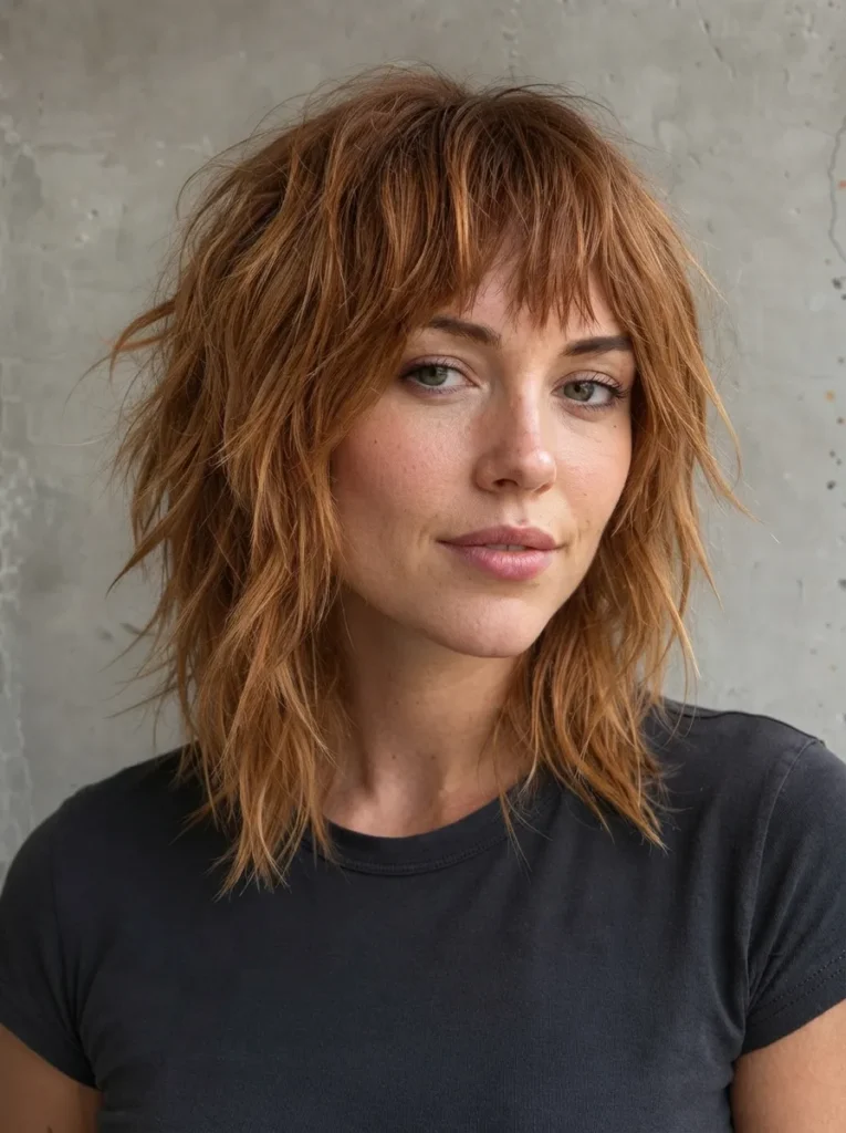 Copper red choppy shag haircut with textured bangs and a dark t-shirt.