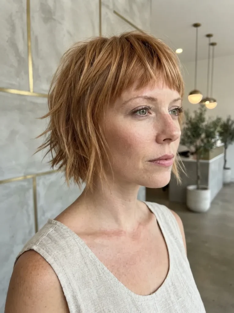 Woman with short copper-colored choppy shag haircut and micro bangs wearing a light neutral top.