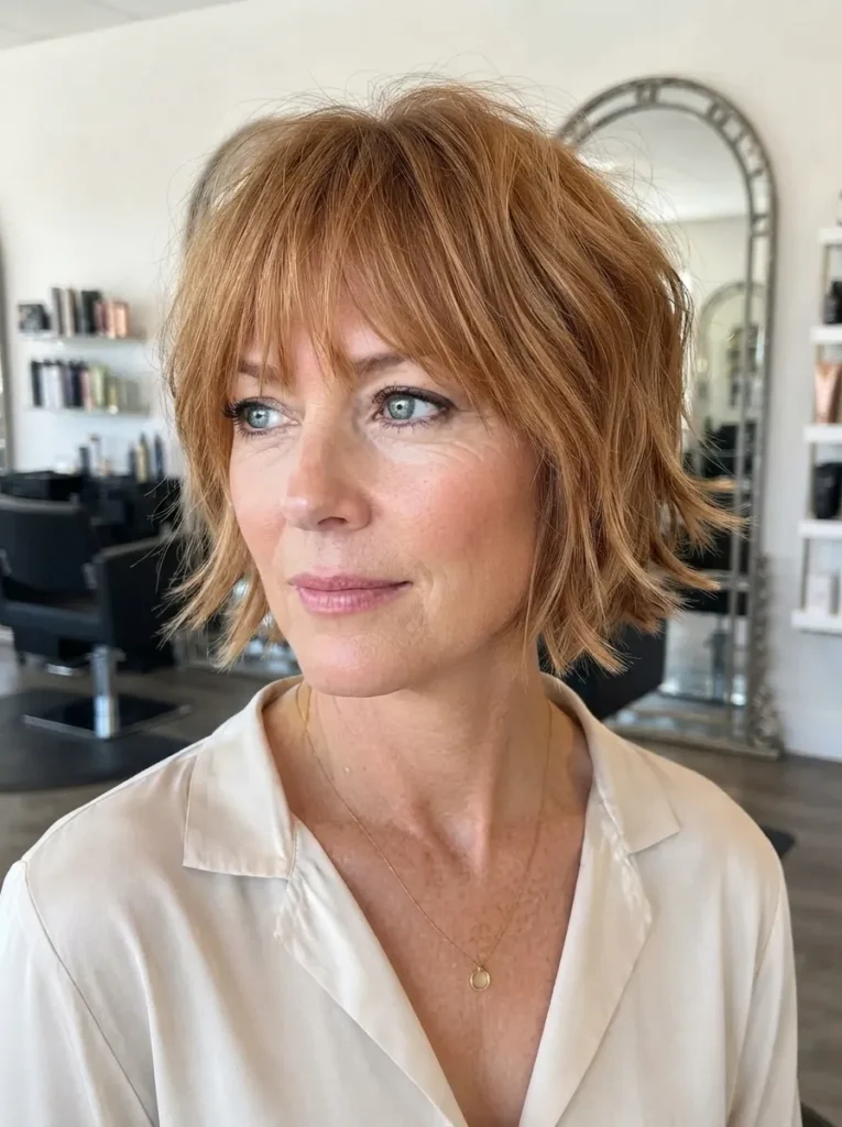 A woman with a copper red curly bob and bangs wearing a white shirt.