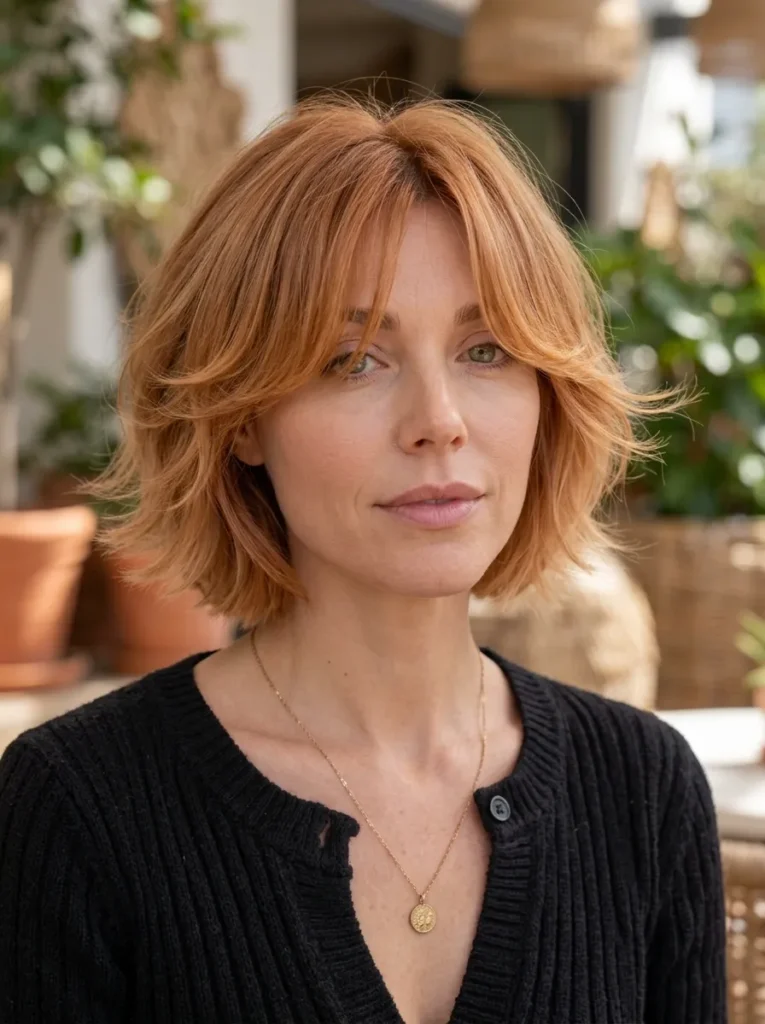 Woman with a copper-red shaggy bob, fringe bangs, and a black cardigan.
