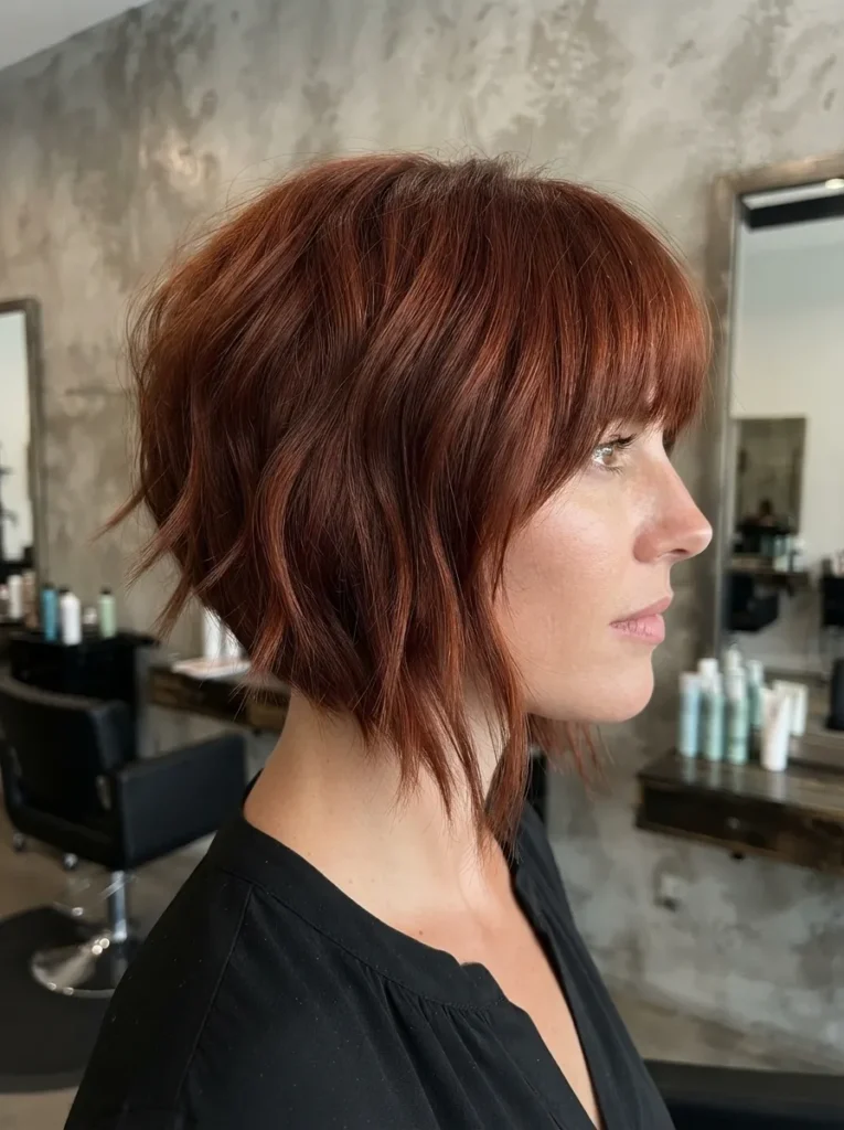 A woman with a textured copper-red angled bob haircut and fringe bangs in a salon.