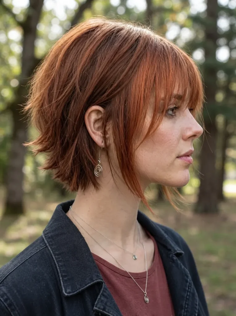 Side profile of a woman with a copper short shag bob hairstyle and pendant necklace outdoors
