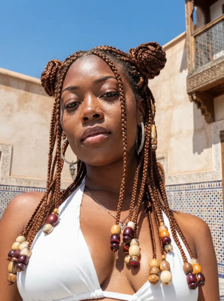 Copper-colored box braids styled into space buns with wooden beads