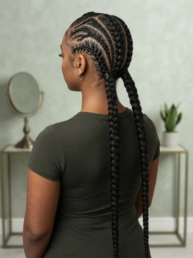 Back view of a woman with neat cornrows transitioning into two long, thick black pigtail braids.