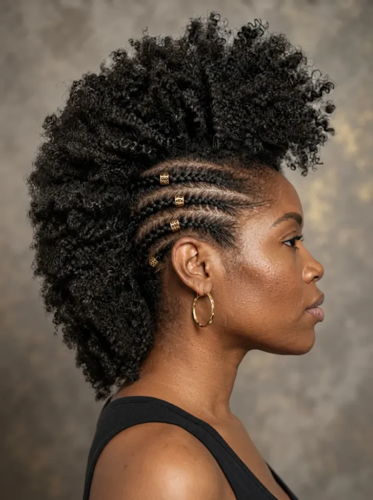 Profile view of a Black woman wearing cornrows on the side transitioning into a voluminous afro mohawk adorned with gold hair cuffs.