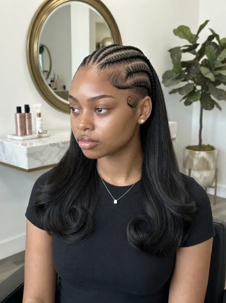 A woman with neat, straight-back cornrows and laid edges, featuring long black hair extensions with flipped, curled ends in a salon setting