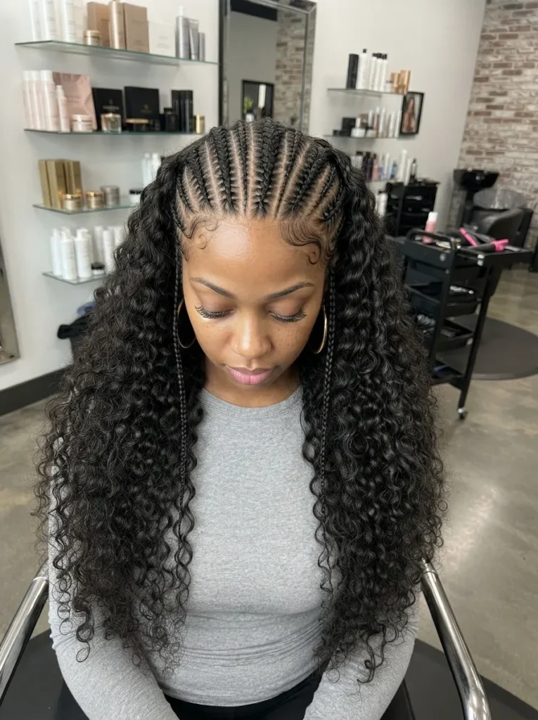 Front view of a woman with sleek cornrows on top and voluminous, long curly hair extensions flowing down her shoulders