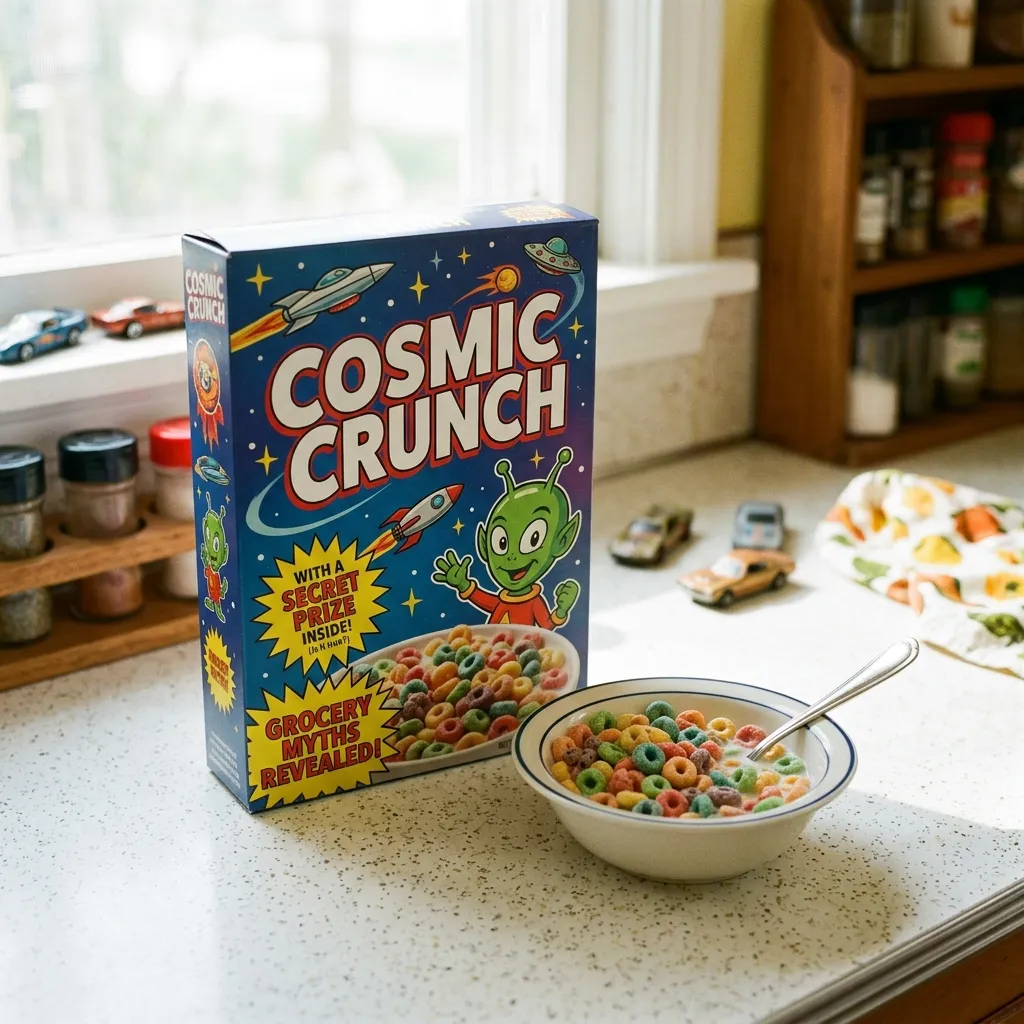 A retro-style cereal box labeled "Cosmic Crunch" featuring an alien illustration sitting on a kitchen counter next to a bowl of colorful cereal.
