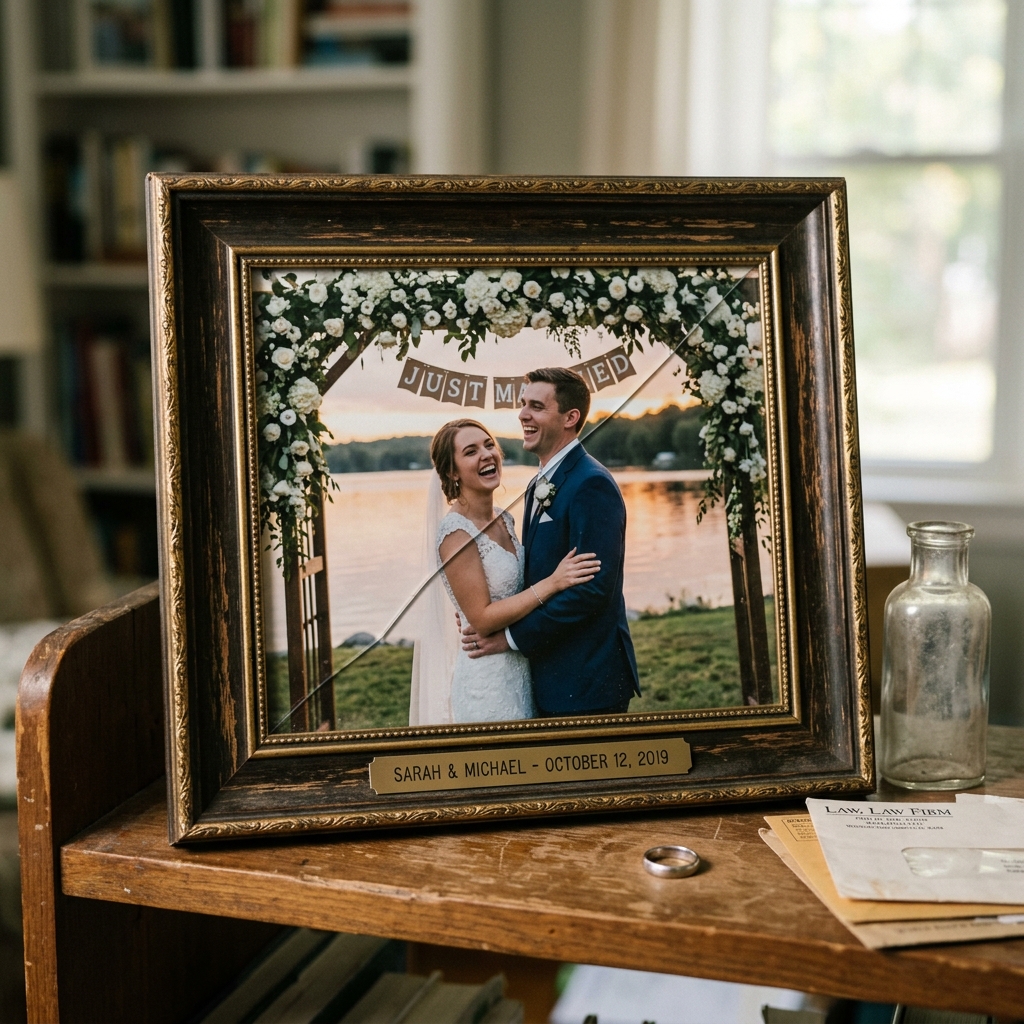 A close-up of a vintage dark wood picture frame holding a wedding photo of a smiling bride and groom under a floral arch by a lake, with a prominent diagonal crack running across the glass, a small ring, and legal documents nearby.
