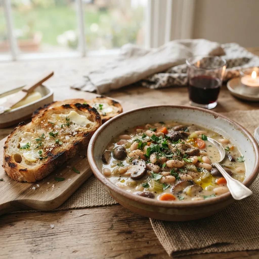 A rustic bowl of creamy white bean and mushroom stew garnished with herbs, served alongside buttered toasted bread.