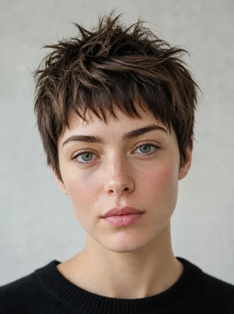 Portrait of a woman with a cropped, spiky pixie shag and bangs