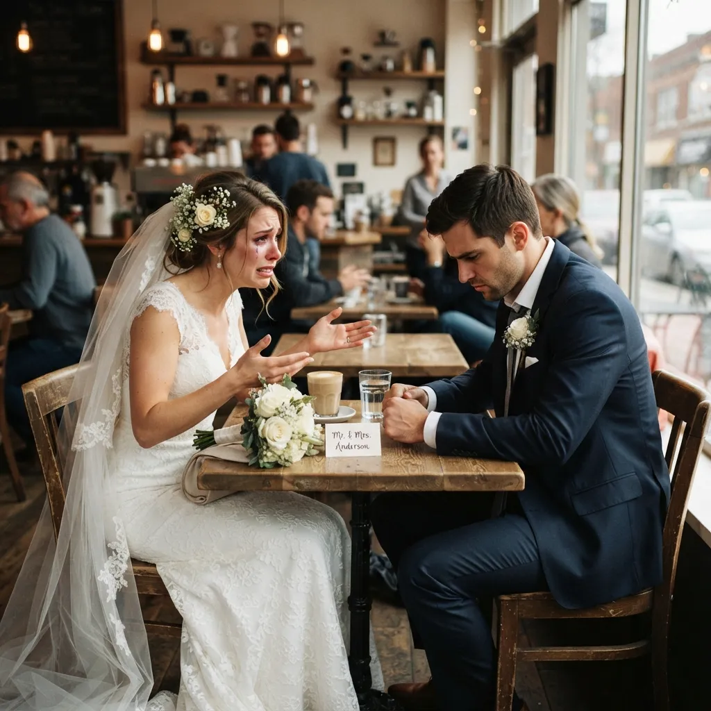 A bride in a wedding dress crying and gesturing with her hands while sitting across from a groom in a dark suit who looks down with a stressed expression at a table inside a cafe.