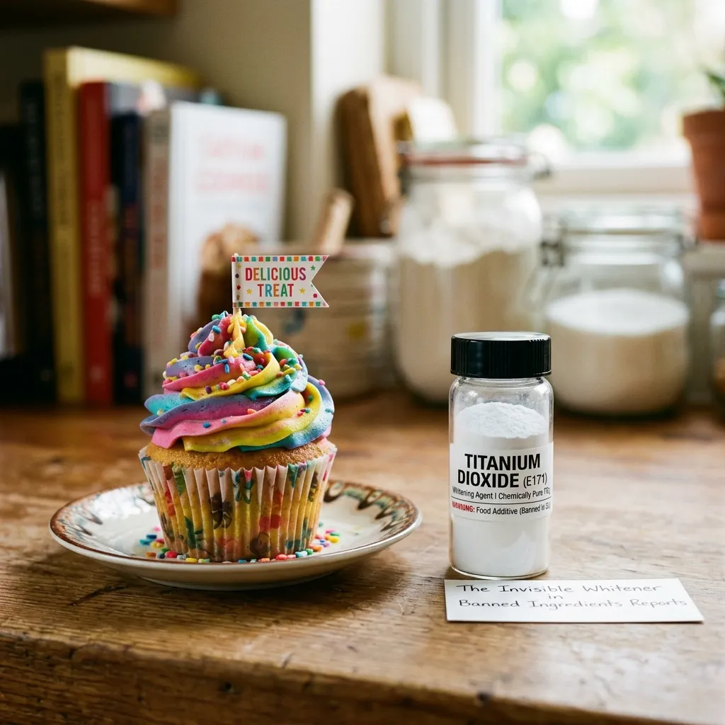 A rainbow-frosted cupcake next to a vial of titanium dioxide (E171) and an ingredient warning sign.