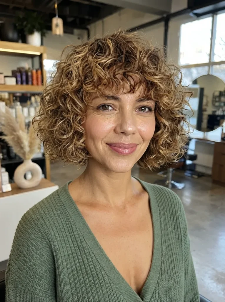 Woman with short curly blonde hair and curly bangs wearing a green ribbed v-neck top.