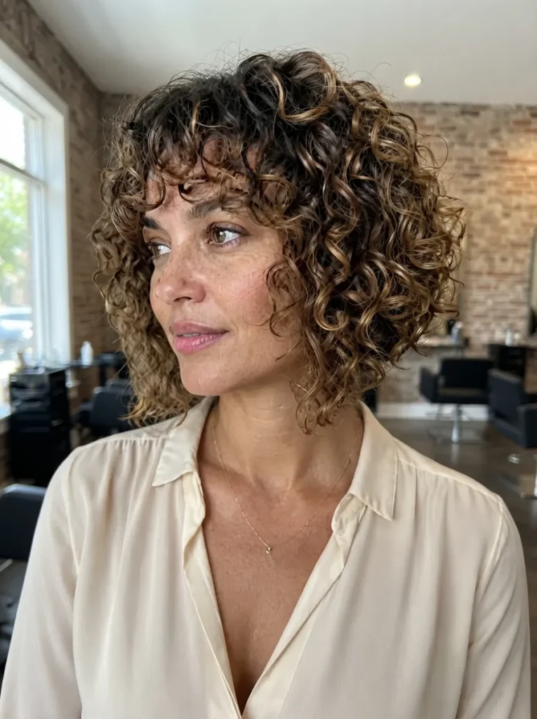 A woman with curly brown hair and highlights styled in a voluminous bob cut with bangs.