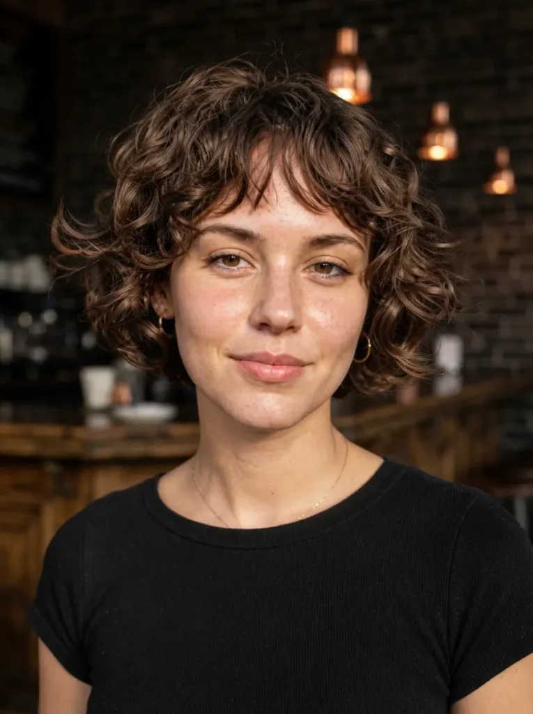 Front portrait of a woman with a soft brown curly bob hairstyle featuring piecey bangs, smiling in a dimly lit interior space.