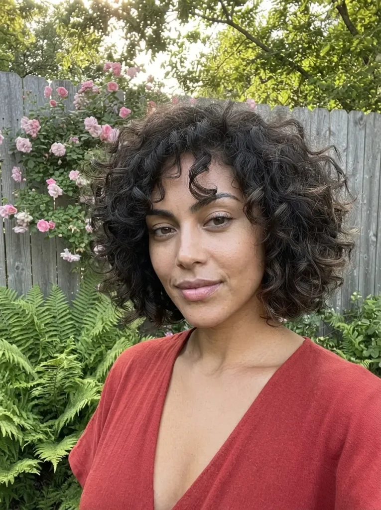 Front portrait of a woman with natural brunette curly layered bob hair, wearing a red top against an outdoor garden backdrop with pink roses and ferns.