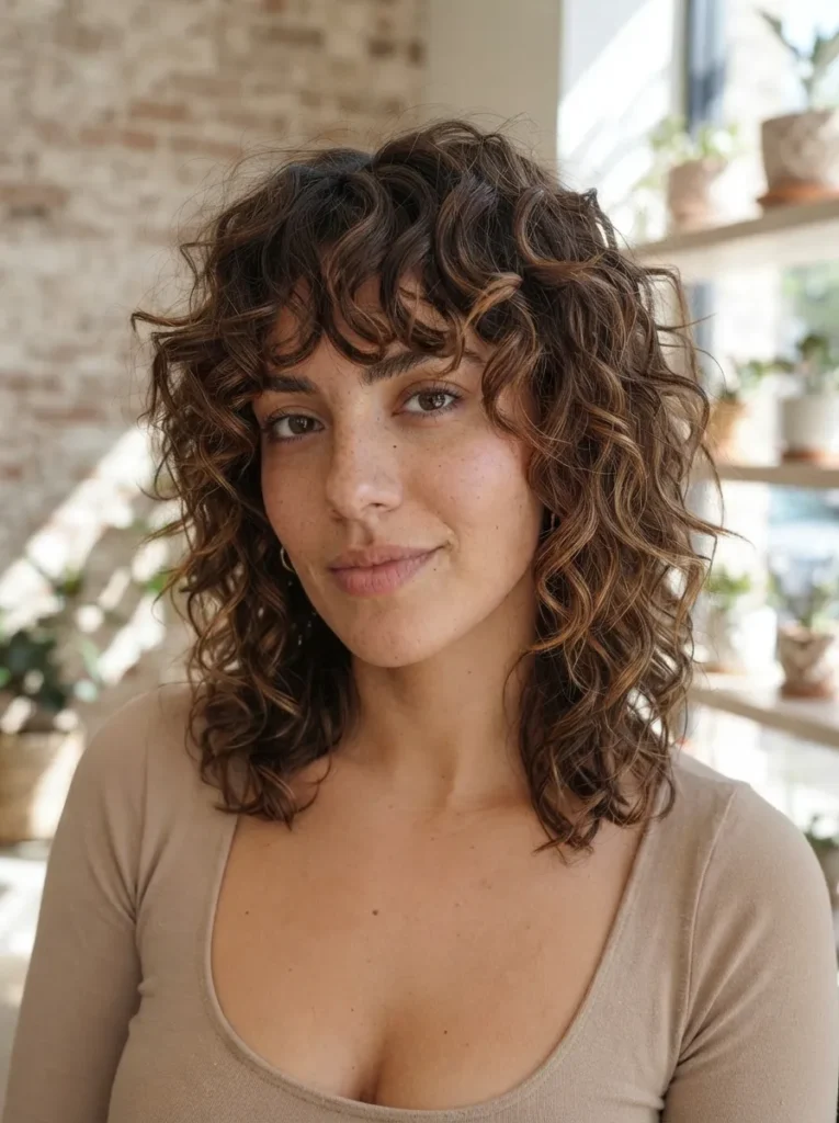 Curly shaggy haircut with warm brown highlights and textured bangs.