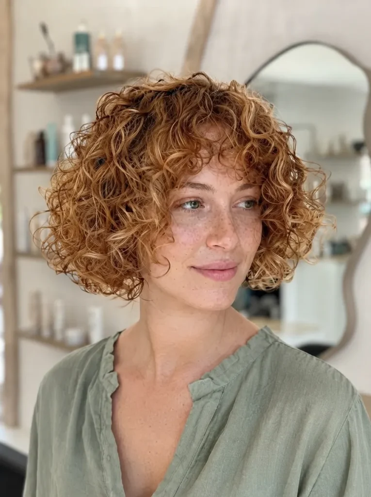Woman with curly strawberry blonde bob haircut and bangs wearing a green top in a salon setting