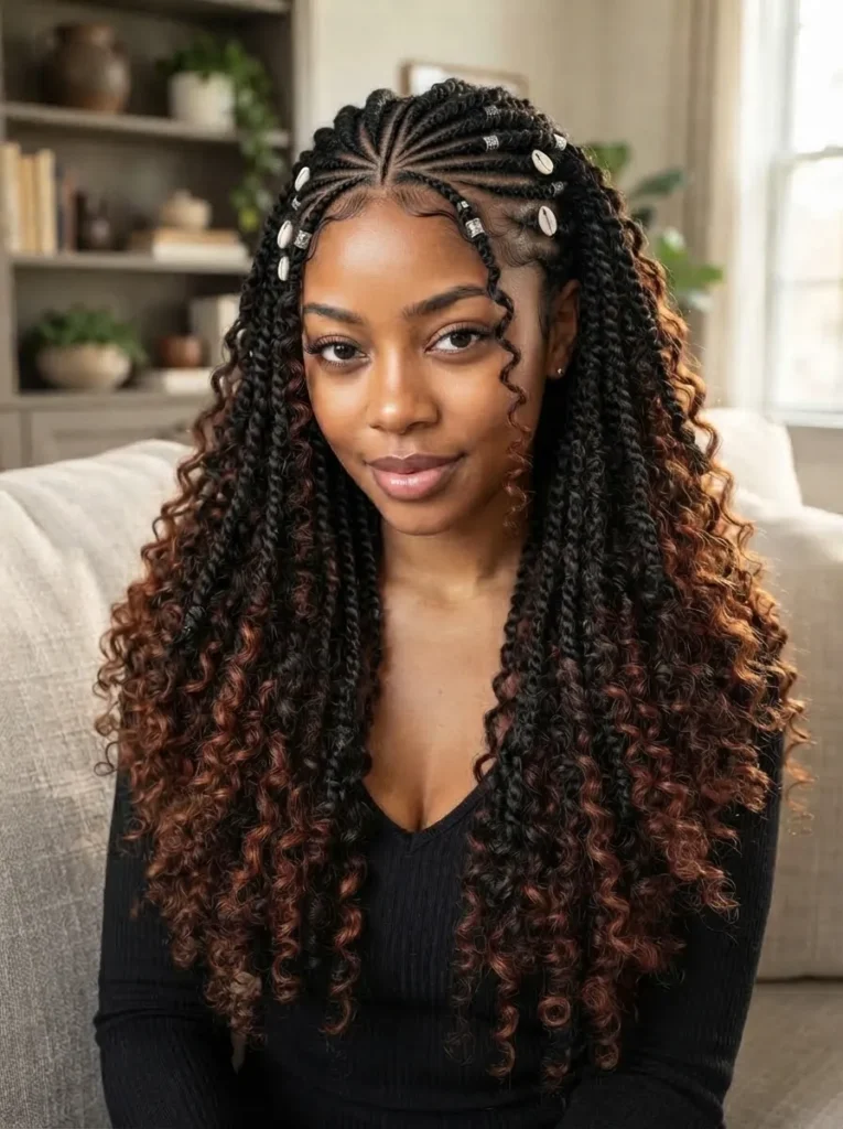 Portrait of a woman with curved cornrows at the crown flowing into long, ombre bohemian locs decorated with shells and beads.