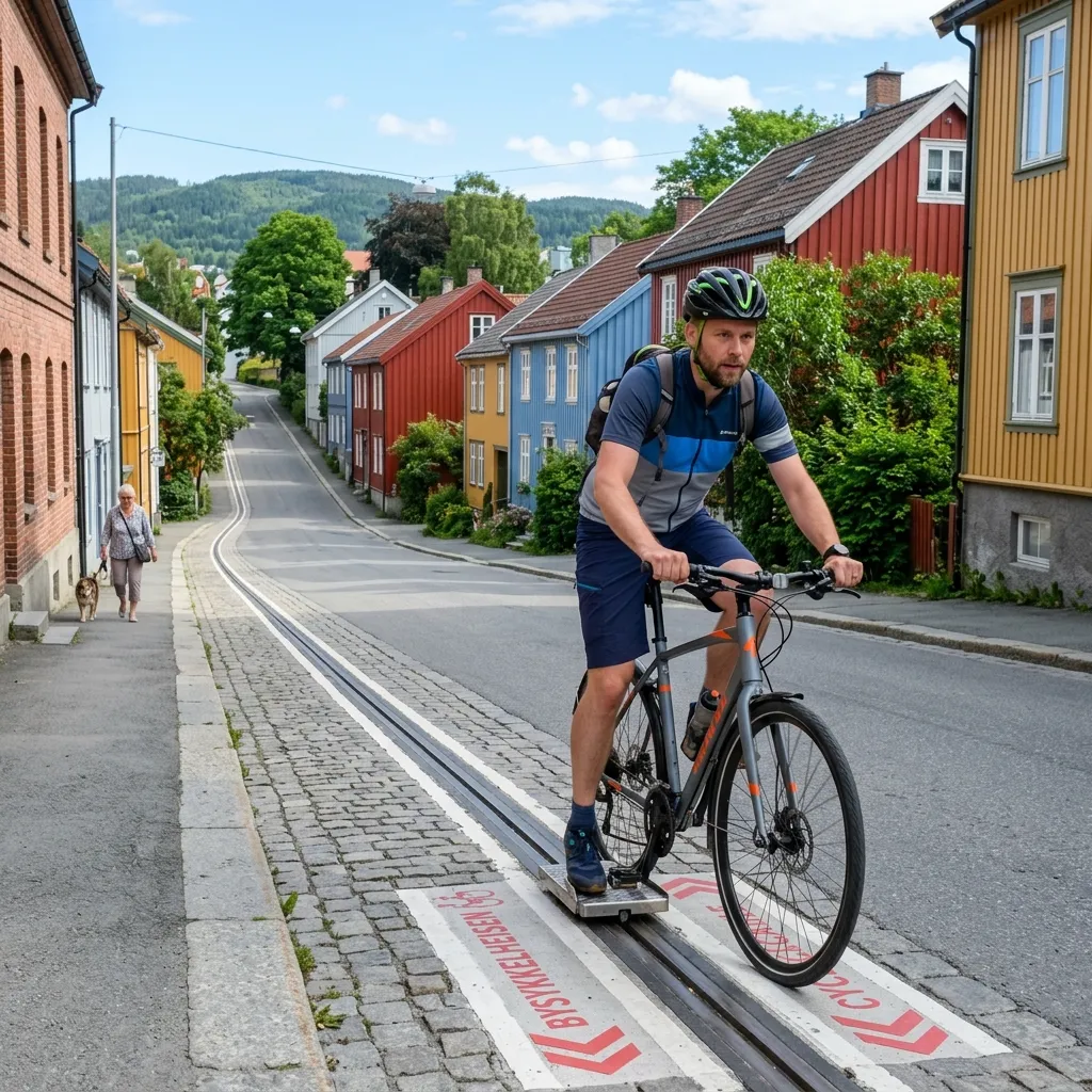 A cyclist riding up a steep urban street in Trondheim, Norway, using the Trampe bicycle escalator lift.