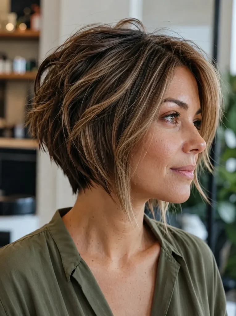 A woman with a dark blonde highlighted choppy bob wearing a green shirt.
