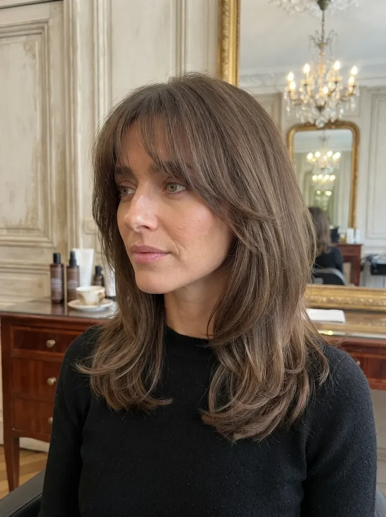 Woman with a dark-blonde layered haircut and wispy bangs wearing a black top near a mirror.