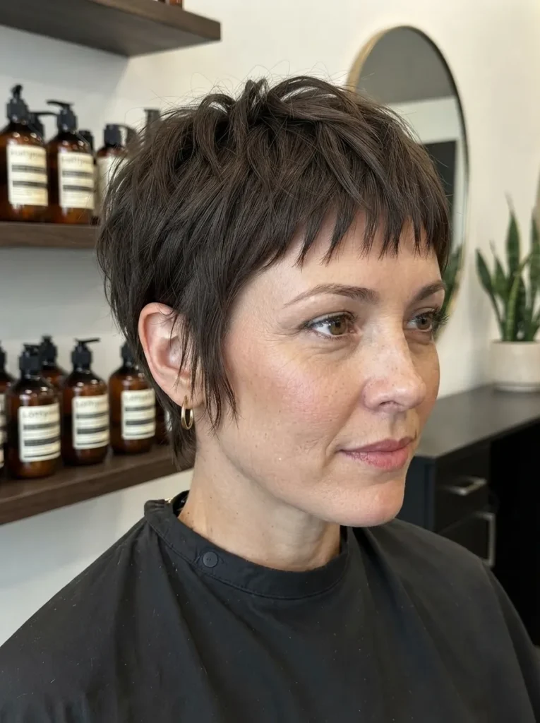 Woman with a dark brown bixie cut and jagged micro bangs wearing a black top inside a salon.