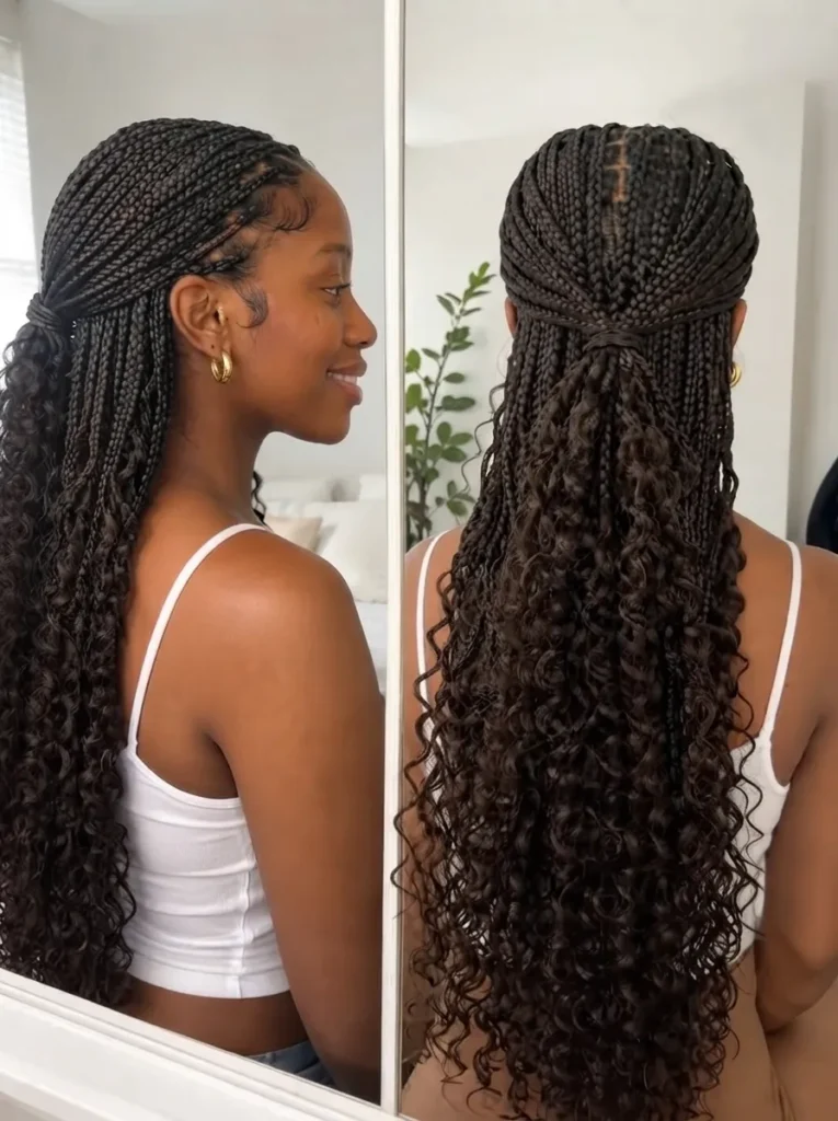 A mirror selfie showing a woman with long, dark, half-up braided hair that flows down into loose, cascading curls.