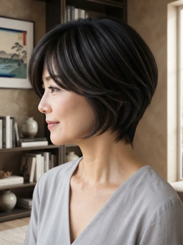 Side view profile of an Asian woman with a soft layered dark brown bob haircut featuring subtle highlights.