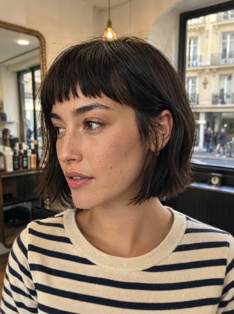 Woman with a dark brown French bob and micro bangs wearing a striped sweater.